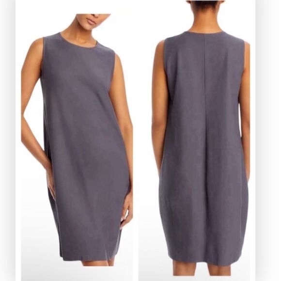 Eileen Fisher Round Neck Stretch Knit Pullover Balloon Hem Dress Gray XS NEW